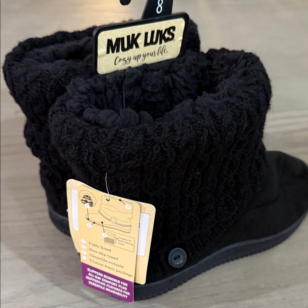 Muk Luks Black Knit Cuff Slip-On Slipper Boots - Picture 4 of 4